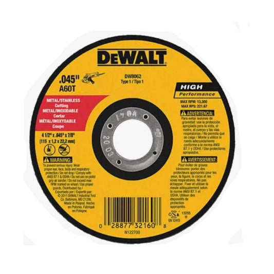 Disco corte de metal 4 1/2" x .045" x 7/8" Dewalt